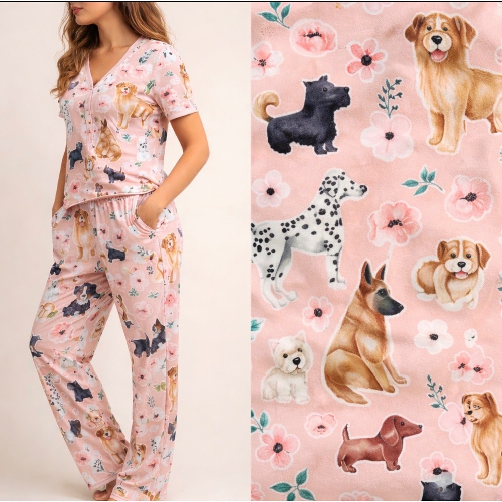 Shirley & Stone Pink Dog Breed Floral Pajama Set Short Sleeve Jogger Womens Med